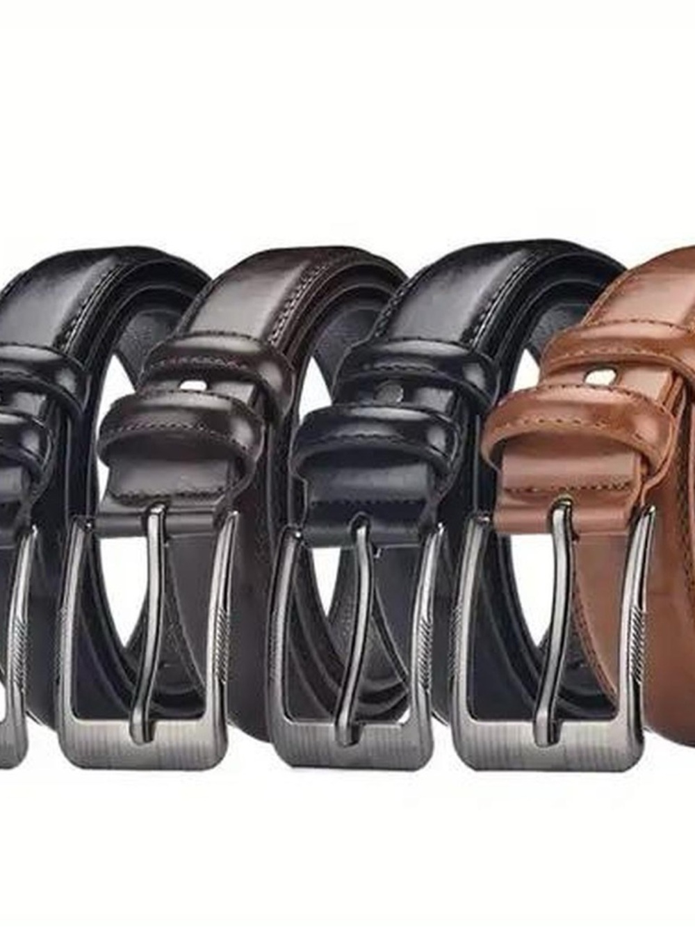 Set of 4 Men's Leather Belts: Black, Dark Brown, Light Brown, Tan Silver Buckle
